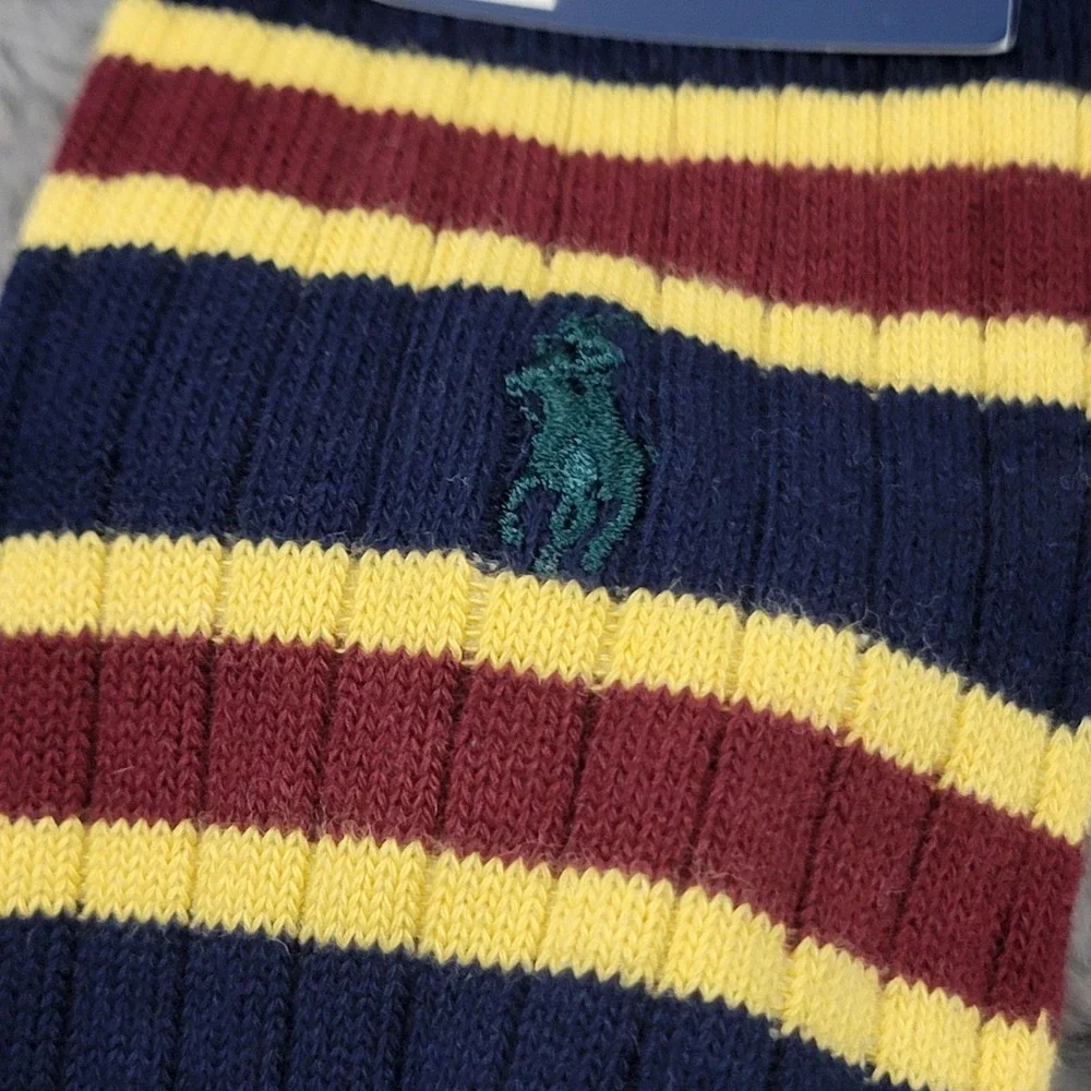 Polo Ralph Lauren Socks Mens 6-12.5 Navy Burgundy Yellow Stripe Crew Pony